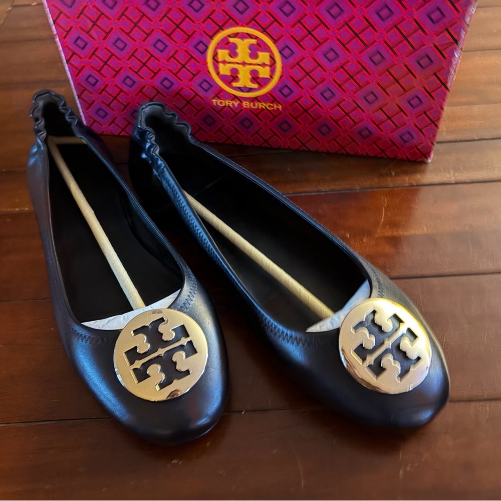 Tory Burch Black Flats with Gold Emblem